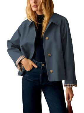 Women's Short Trench Jacket Plaid Lining Button Front with Pockets Blue Grey